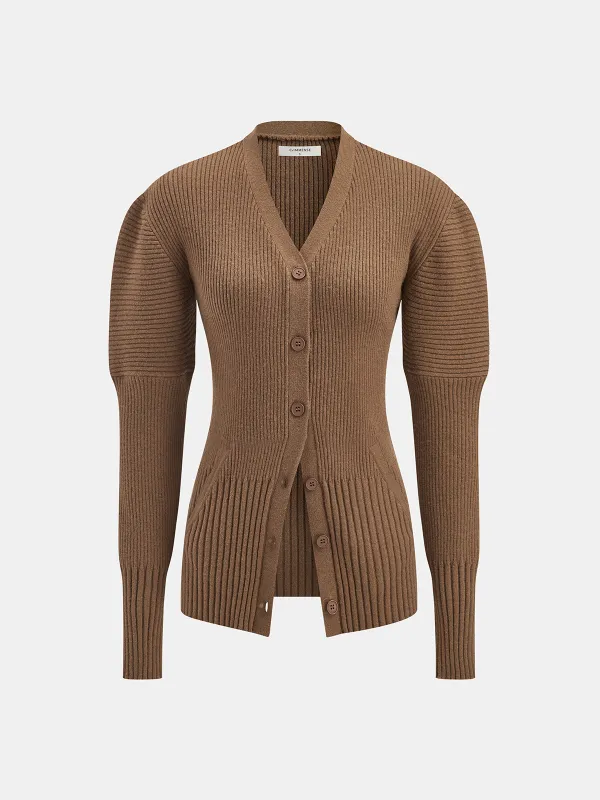 Puff Sleeve Ribbed V-Neck Cardigan sold by COMMENSE