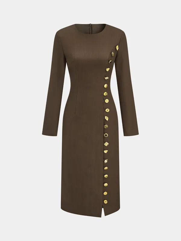 Metal Side Button Long Sleeve Midi Dress sold by COMMENSE