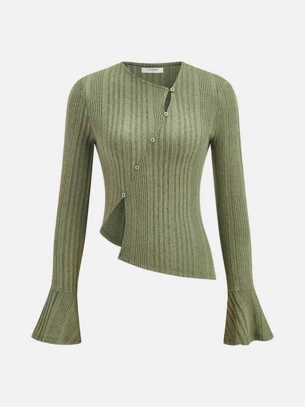 Flared Cuff Asymmetric Ribbed Knit Top sold by COMMENSE