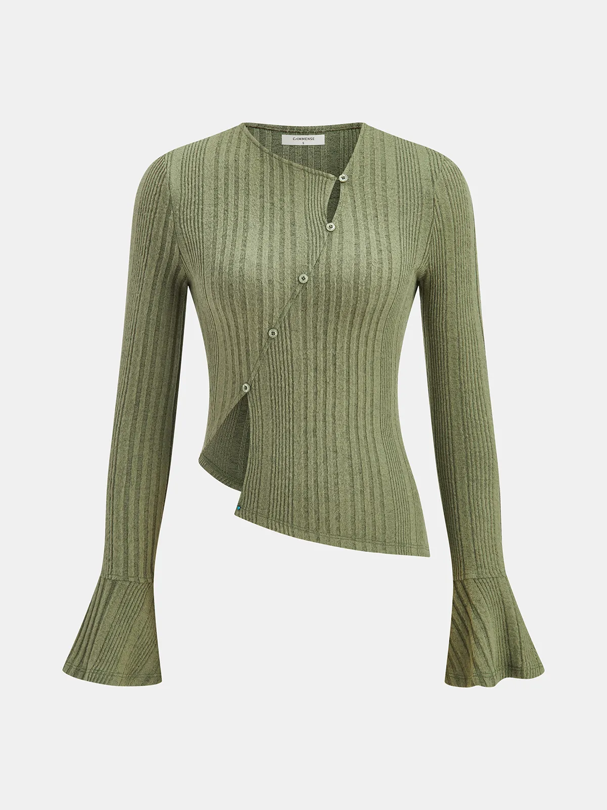 Flared Cuff Asymmetric Ribbed Knit Top sold by COMMENSE