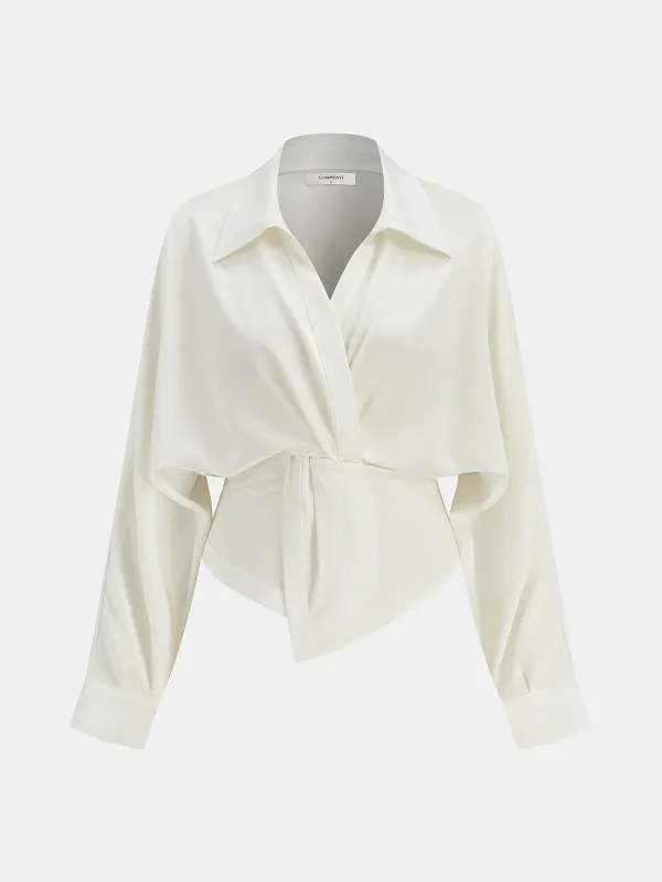 Collared Twisted Front Long Sleeve Shirt sold by COMMENSE