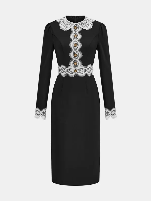 Lace Paneled Collared Long Sleeve Midi Dress sold by COMMENSE