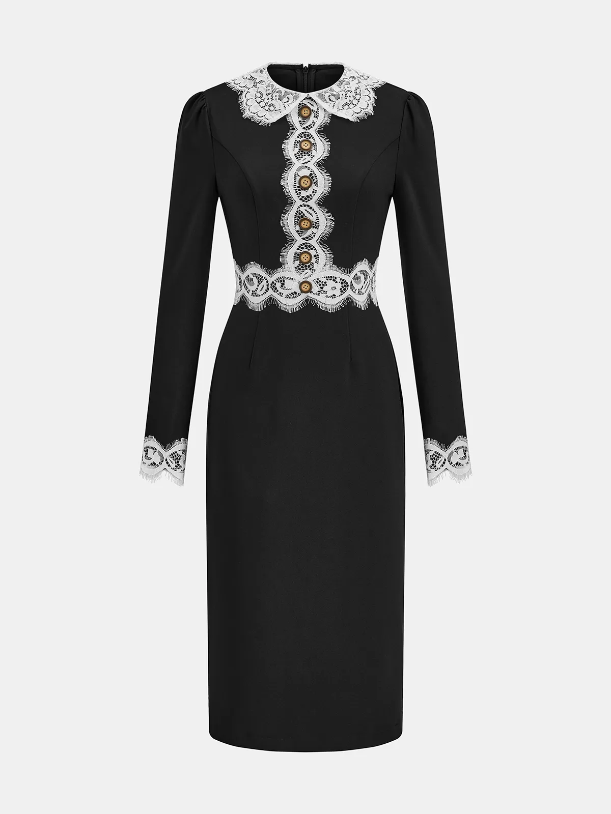 Lace Paneled Collared Long Sleeve Midi Dress sold by COMMENSE