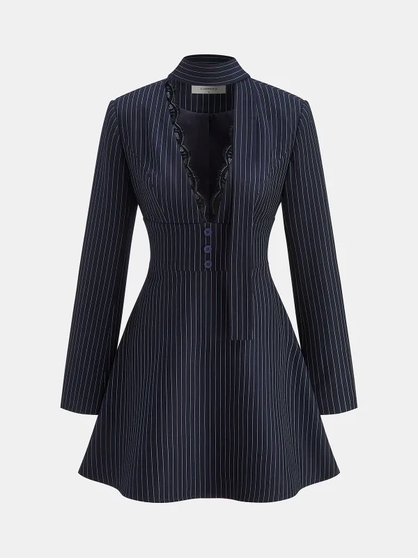 Lace Trim Pinstripe Flared Dress with Tie Neck sold by COMMENSE