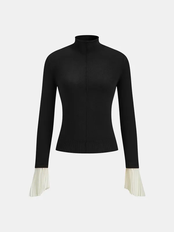 Contrast Pleated Cuff Mock Neck Sweater sold by COMMENSE