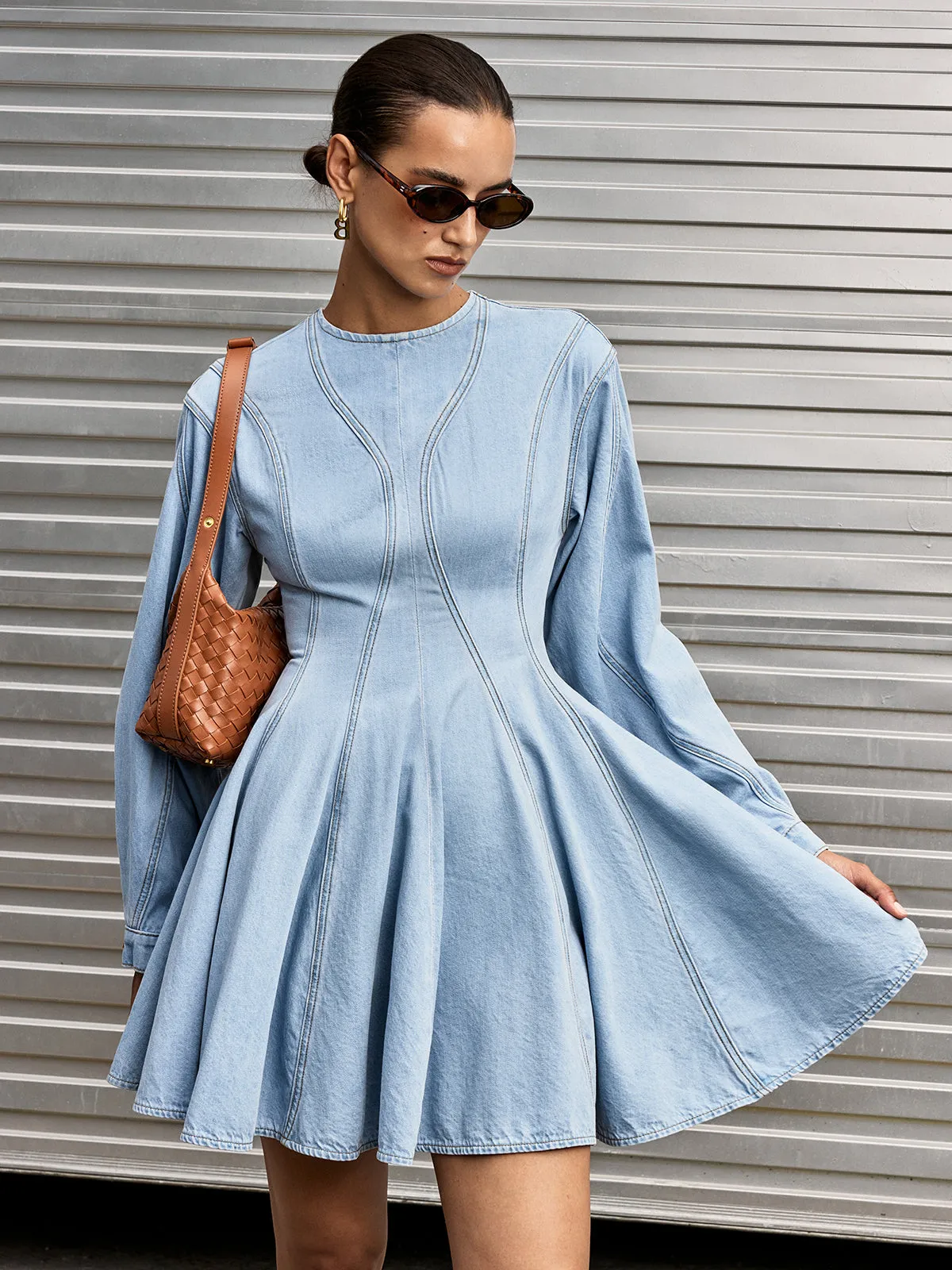 Denim Long Sleeve Flare Dress sold by COMMENSE product image thumbnail 4