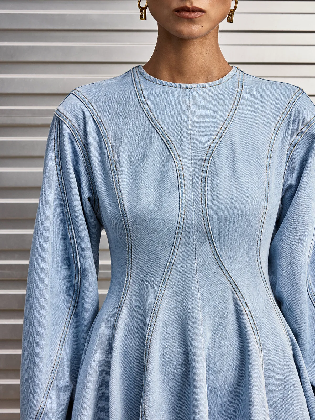 Denim Long Sleeve Flare Dress sold by COMMENSE product image thumbnail 5