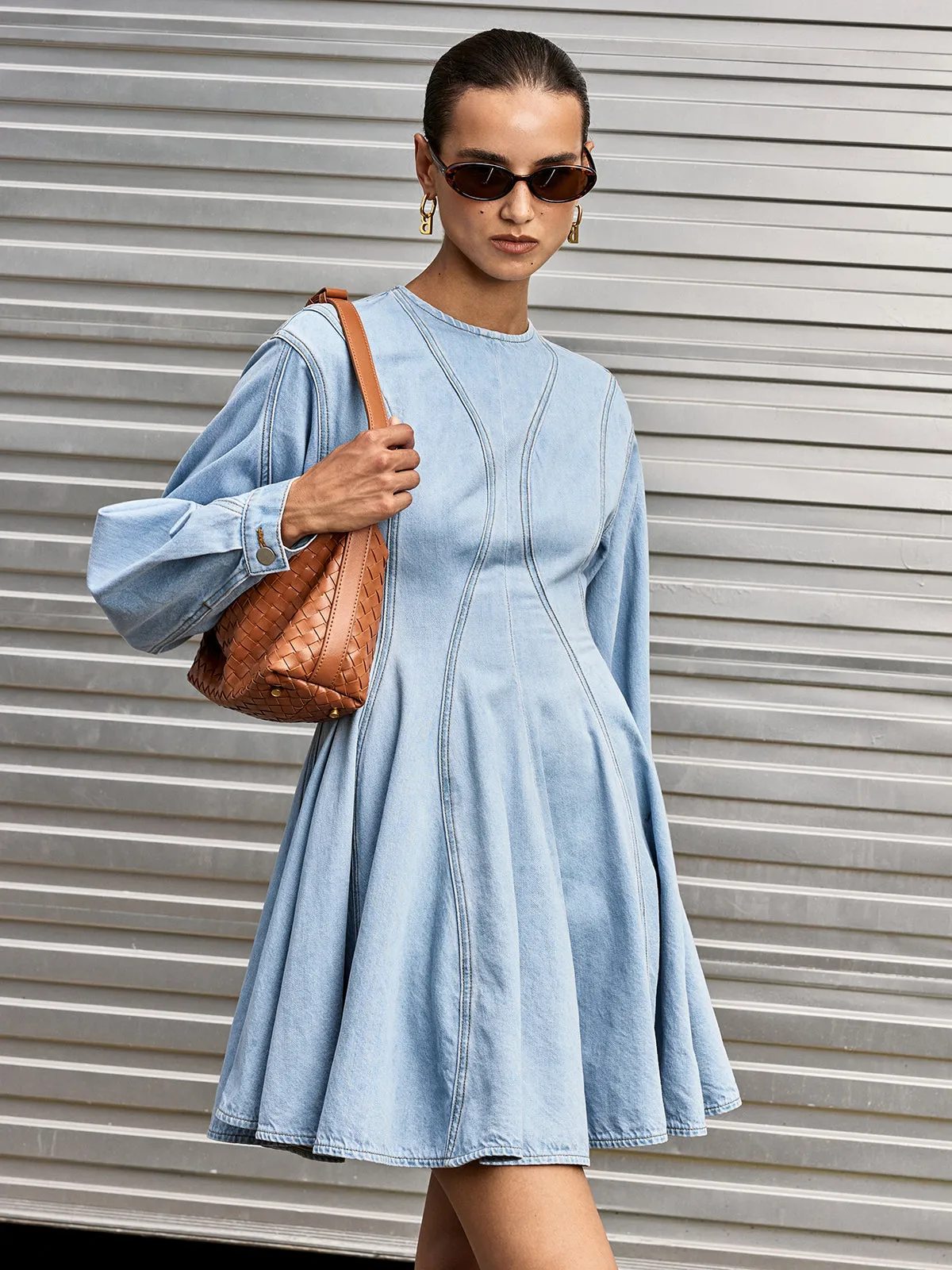 Denim Long Sleeve Flare Dress sold by COMMENSE product image thumbnail 3