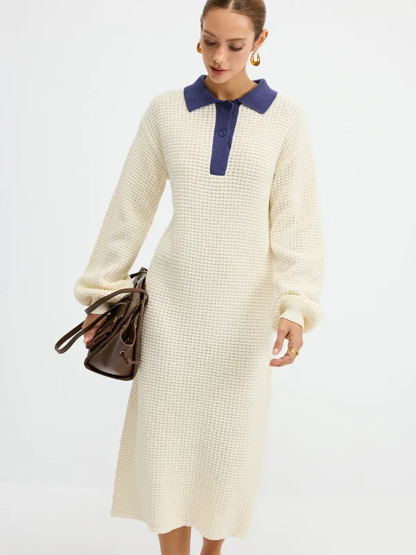 Contrast Collar Waffle-Knit Maxi Dress sold by COMMENSE