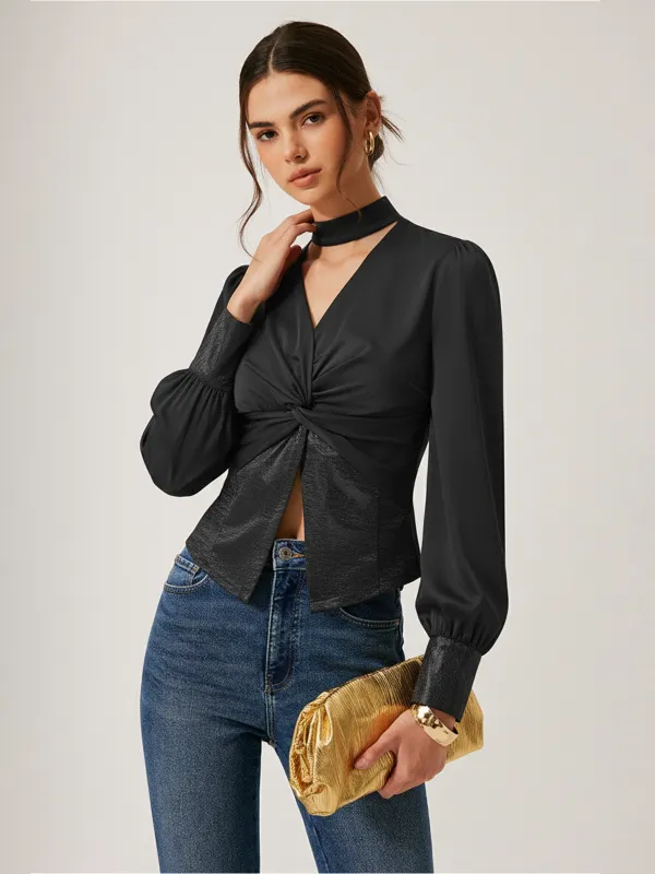 Satin Twisted Front Cropped Blouse sold by COMMENSE