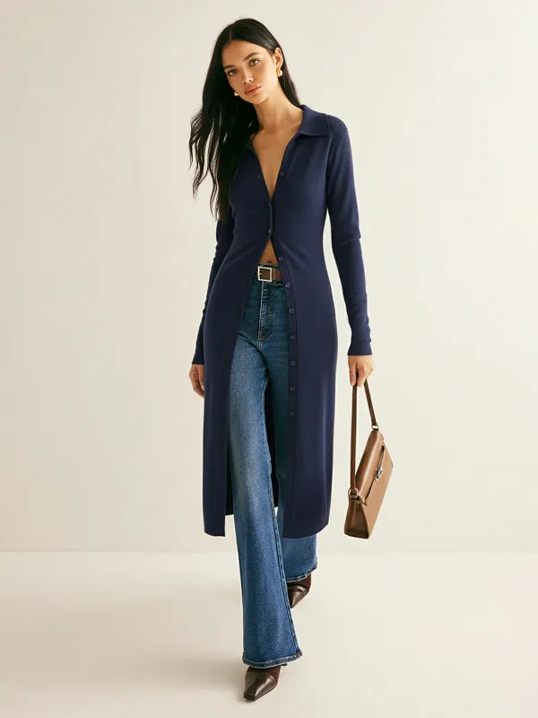 Collared Button Front Longline Knit Cardigan sold by COMMENSE