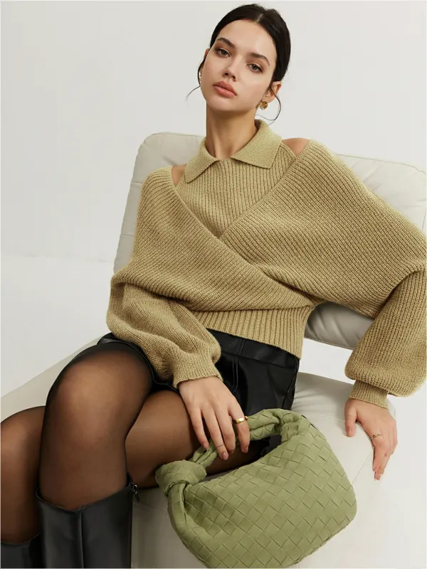 Collared Cut-Out Cross-Front Sweater sold by COMMENSE