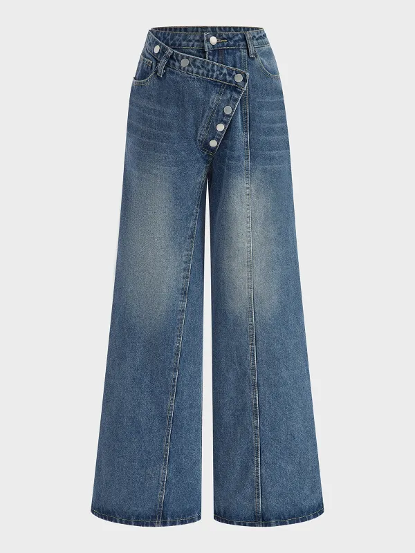 Denim Asymmetric Button Pants sold by COMMENSE