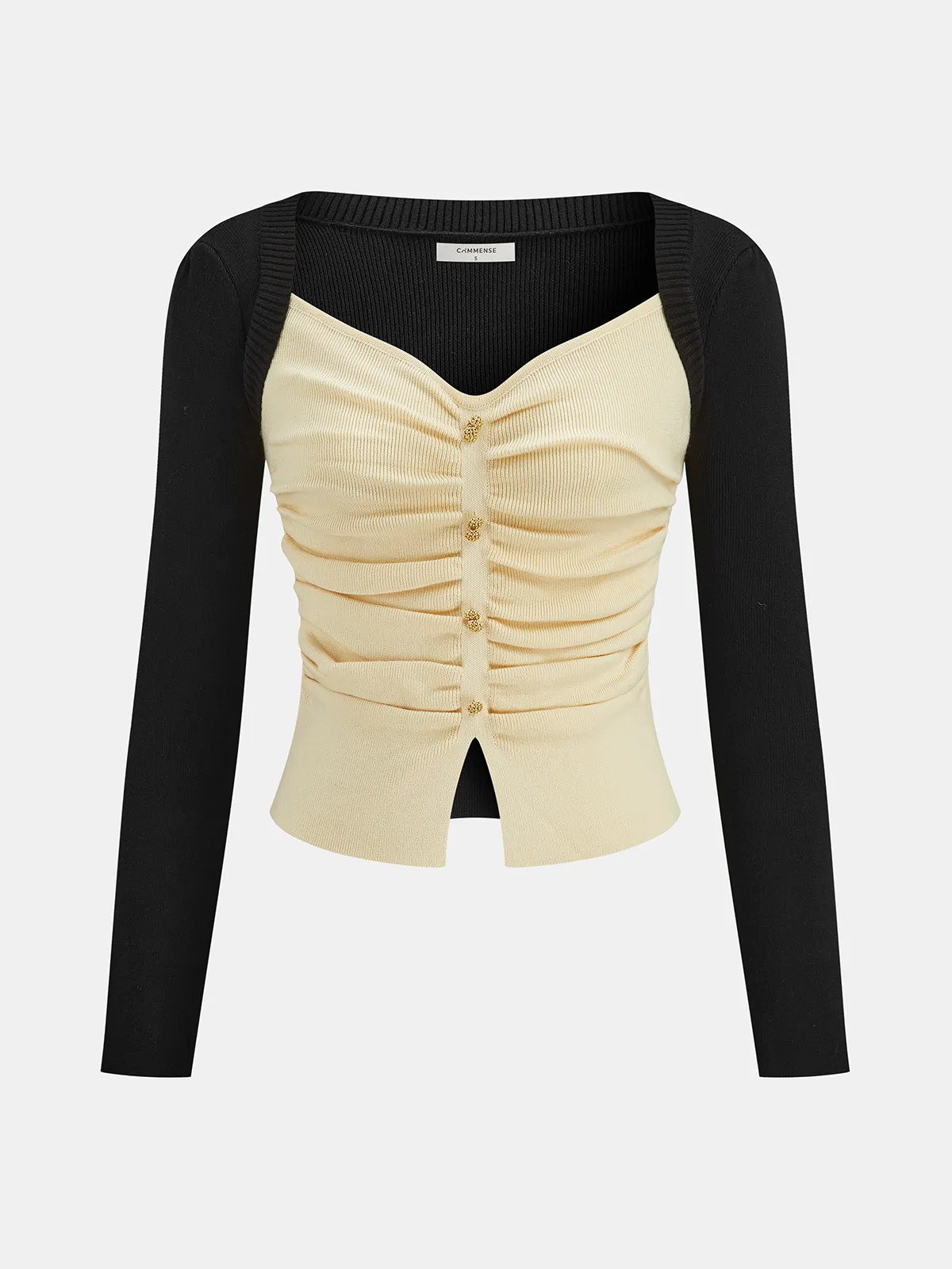 Color-Block Ruched Button Front Knit Top sold by COMMENSE