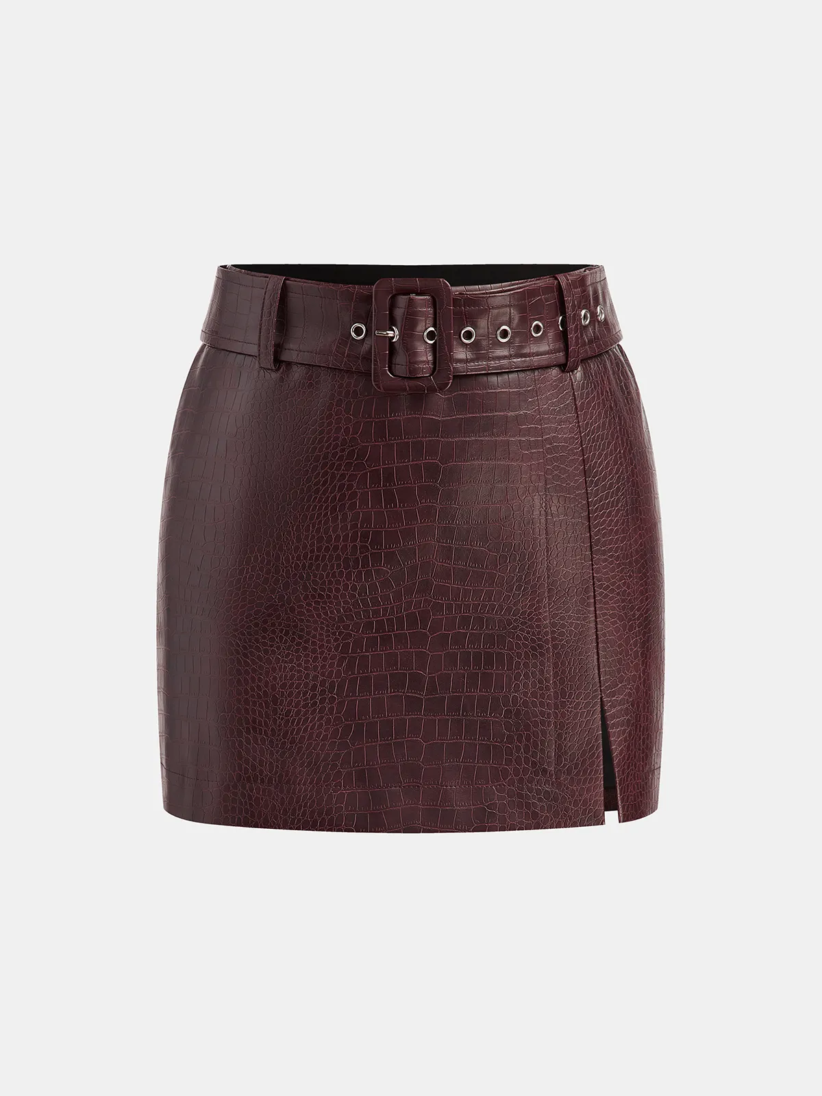 Crocodile Embossed Faux Leather Belted Mini Skirt sold by COMMENSE