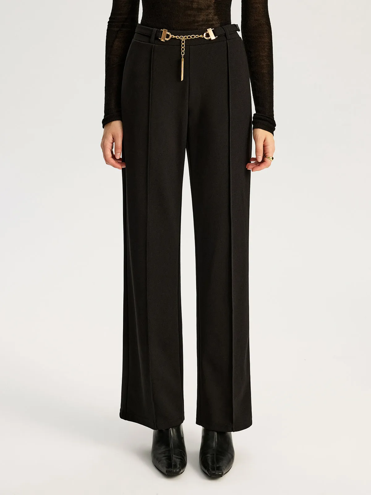 Straight-Leg Pants with Metal Chain Belt sold by COMMENSE