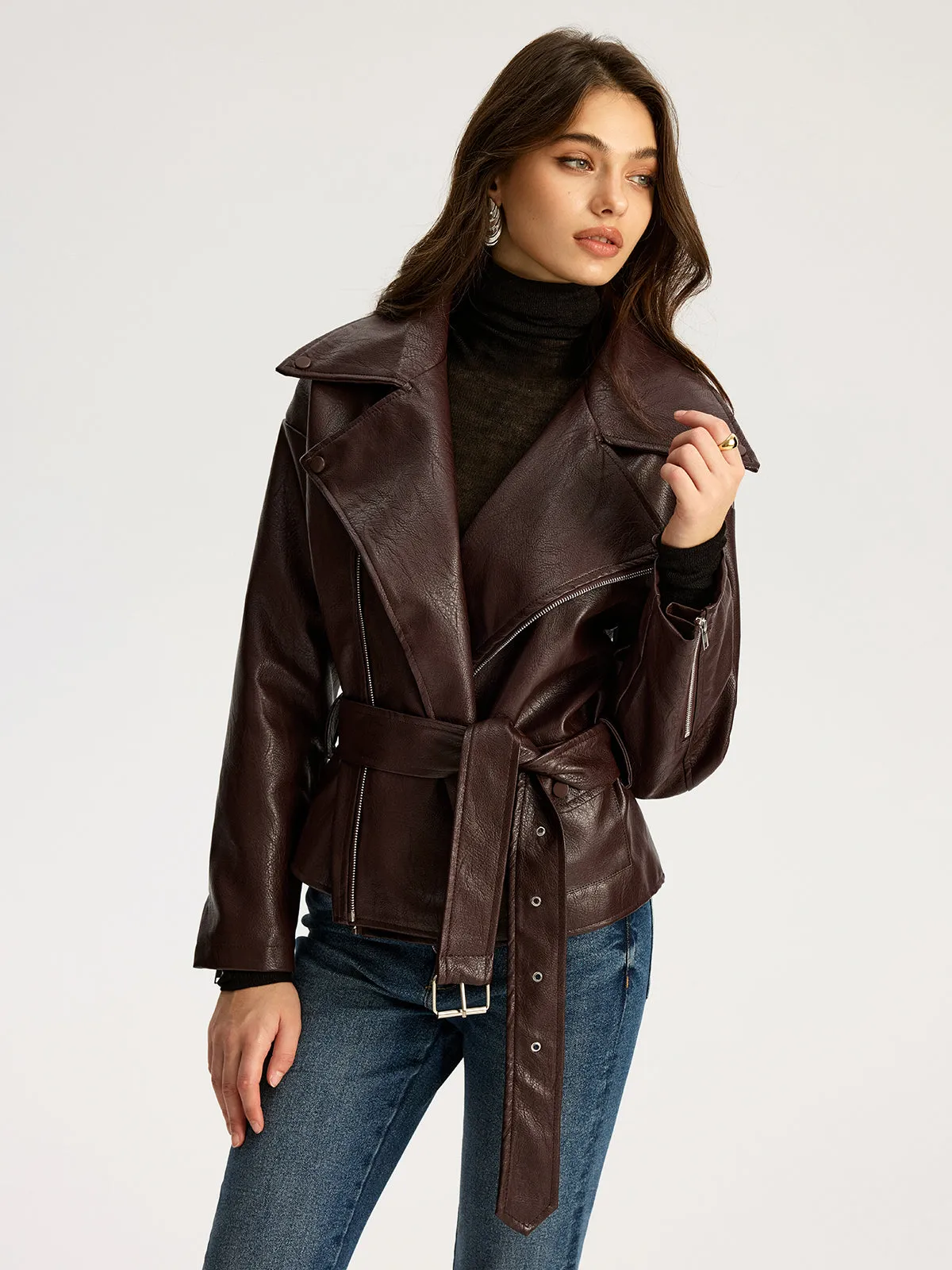 Zip Front Belted Faux Leather Jacket sold by COMMENSE