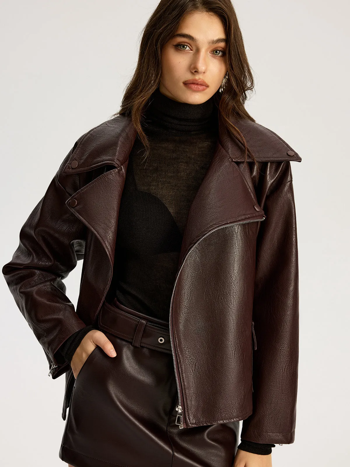 Zip Front Belted Faux Leather Jacket sold by COMMENSE product image thumbnail 5