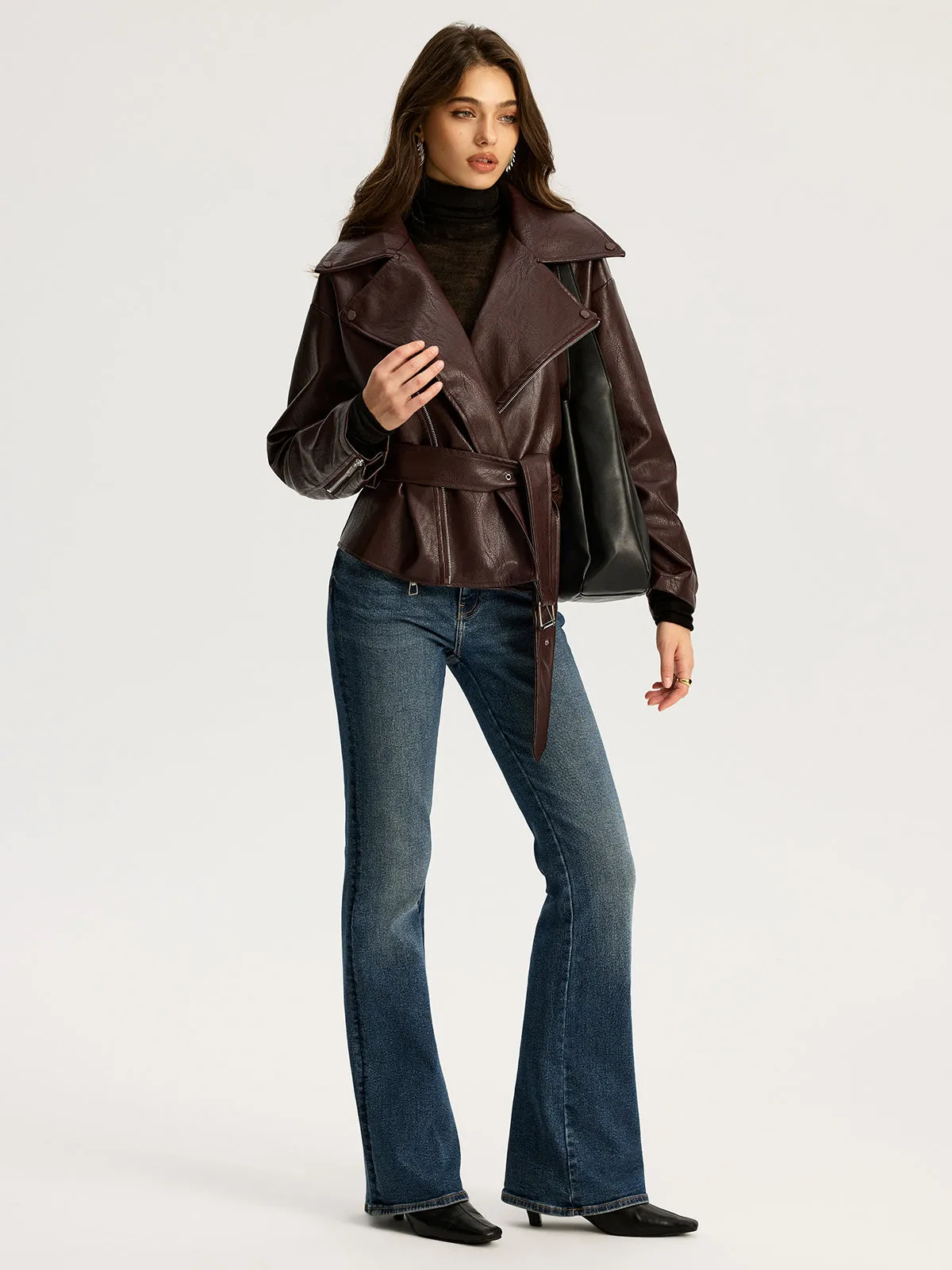 Zip Front Belted Faux Leather Jacket sold by COMMENSE product image thumbnail 2