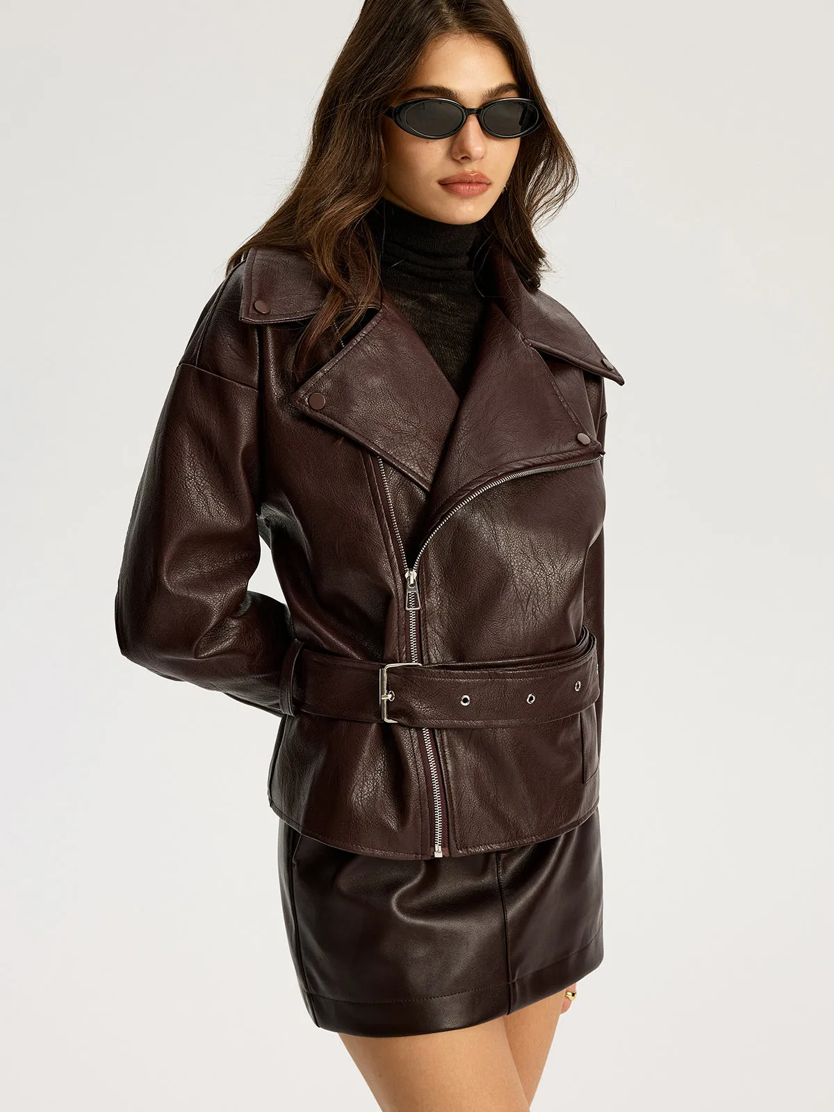 Zip Front Belted Faux Leather Jacket sold by COMMENSE product image thumbnail 3
