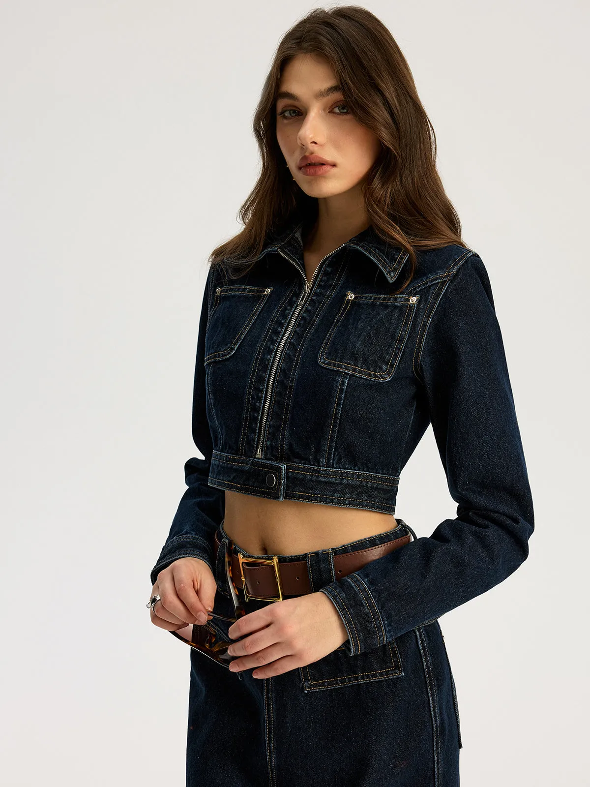 Zip Front Cropped Denim Jacket sold by COMMENSE product image thumbnail 3
