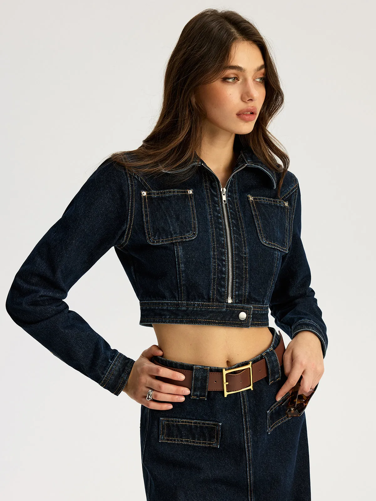 Zip Front Cropped Denim Jacket sold by COMMENSE product image thumbnail 4