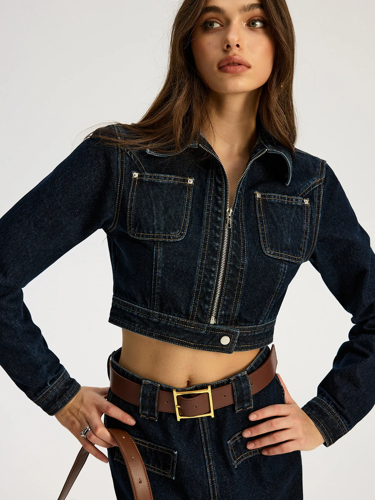 Zip Front Cropped Denim Jacket sold by COMMENSE