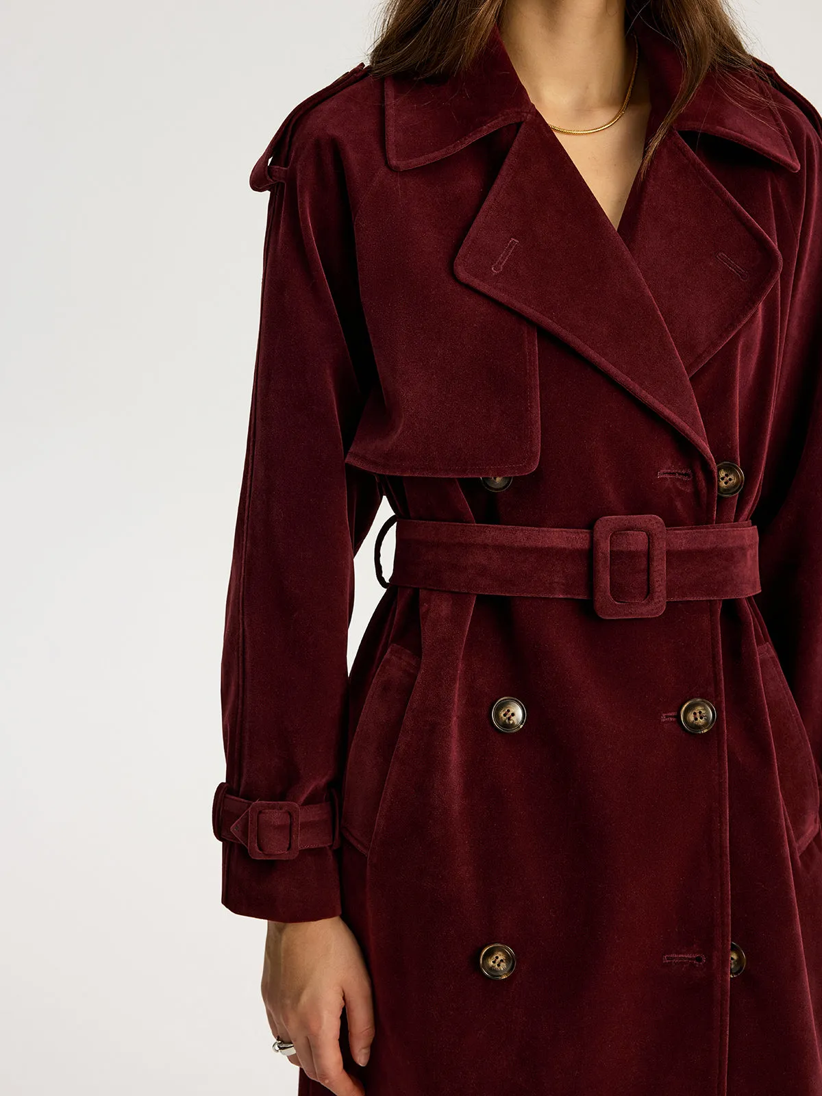 Belted Double-Breasted Suede Effect Long Trench Coat sold by COMMENSE product image thumbnail 3