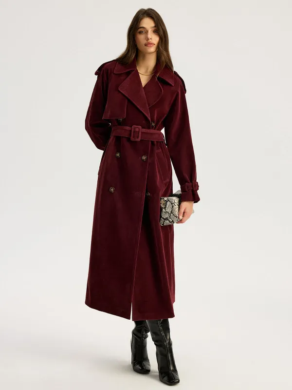 Belted Double-Breasted Suede Long Trench Coat sold by COMMENSE