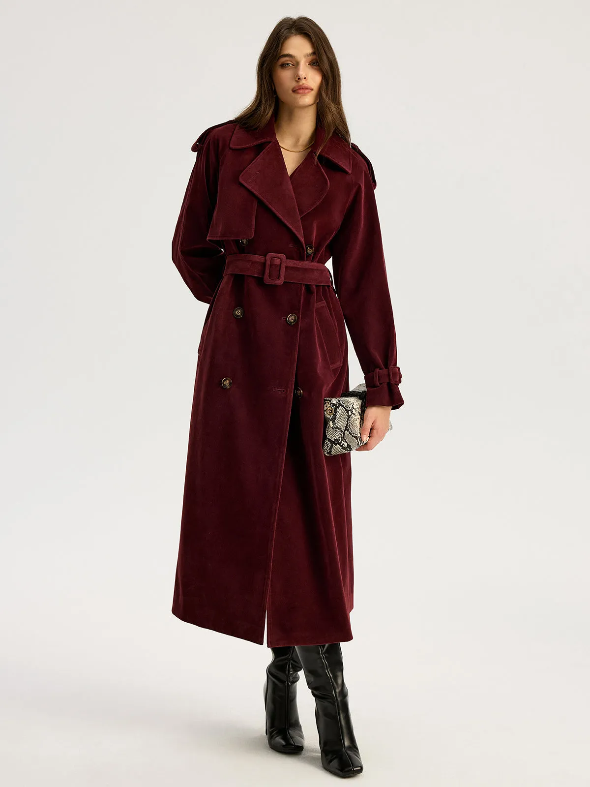 Belted Double-Breasted Suede Effect Long Trench Coat sold by COMMENSE