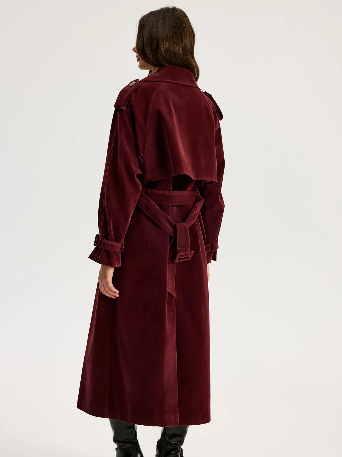 Belted Double-Breasted Suede Effect Long Trench Coat sold by COMMENSE product image thumbnail 5