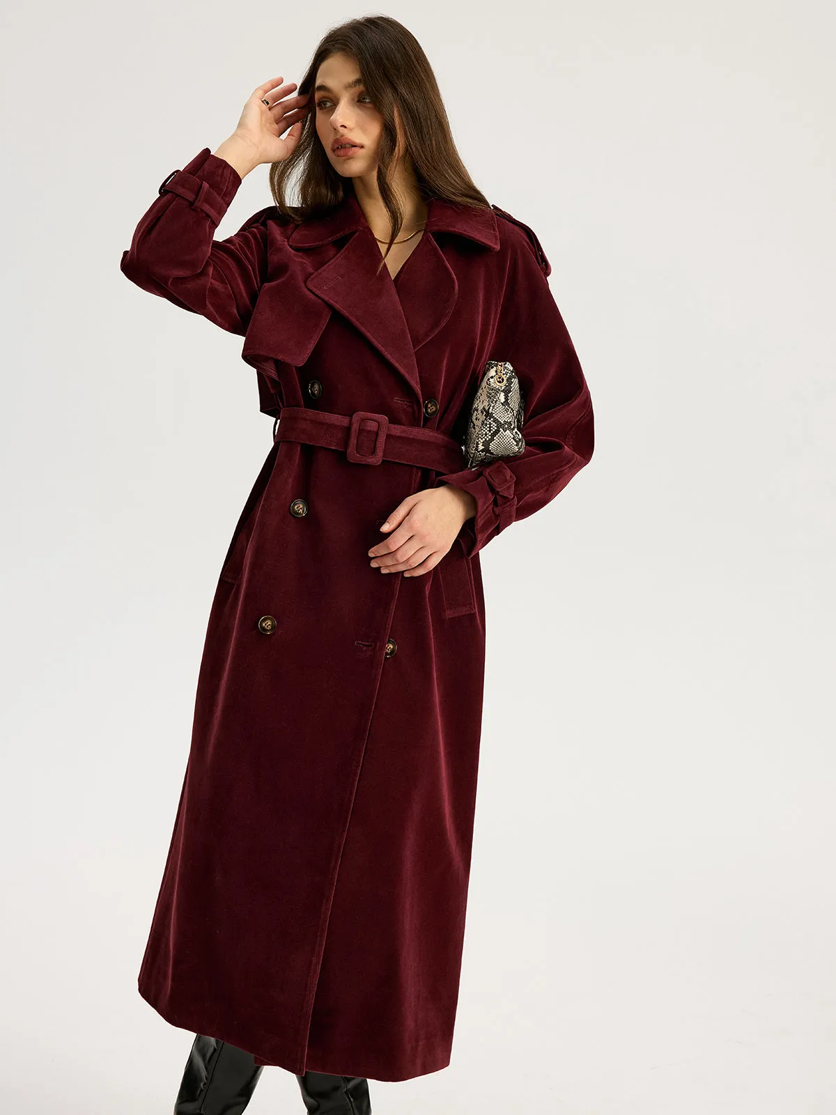 Belted Double-Breasted Suede Effect Long Trench Coat sold by COMMENSE product image thumbnail 2
