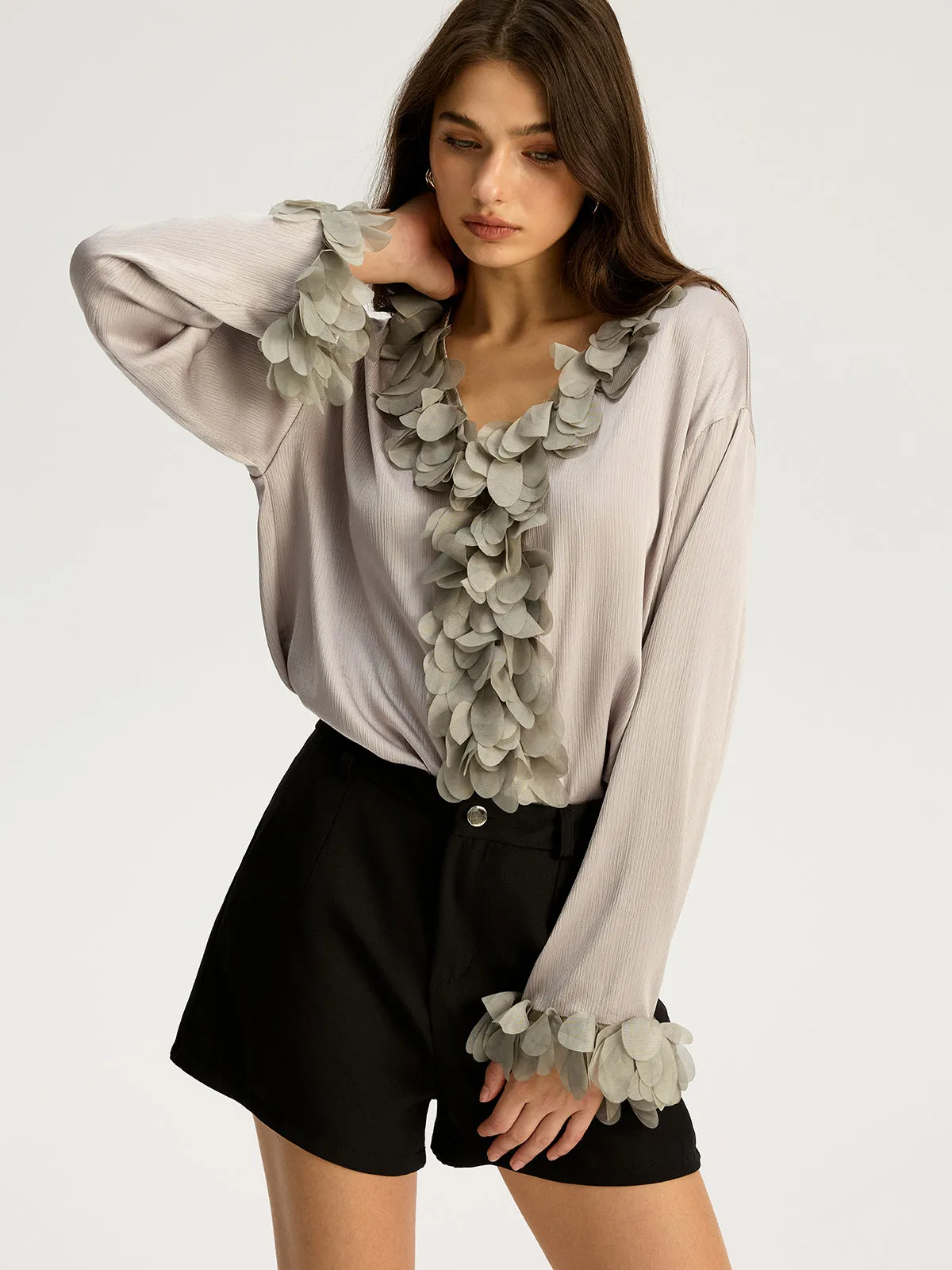 Floral Petal Trim V-Neck Shirt sold by COMMENSE product image thumbnail 2