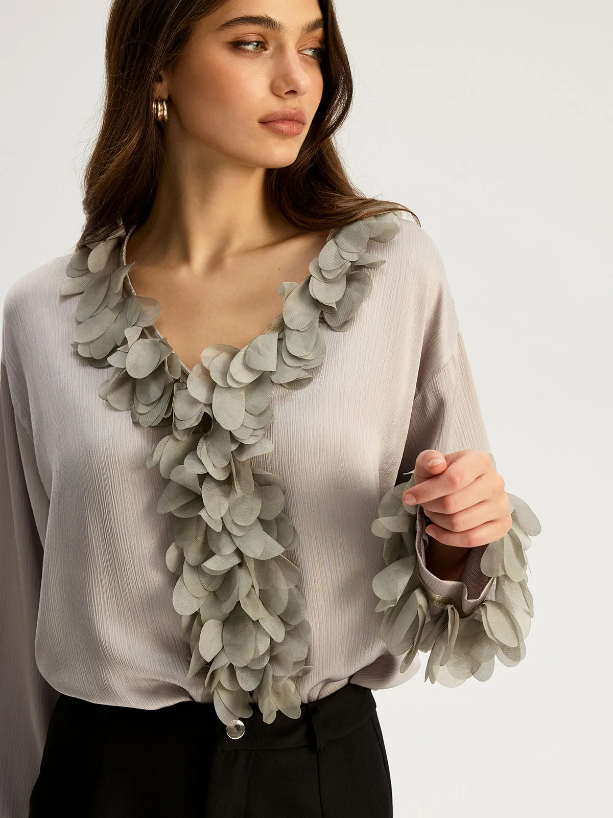 Floral Petal Trim V-Neck Shirt sold by COMMENSE product image thumbnail 3