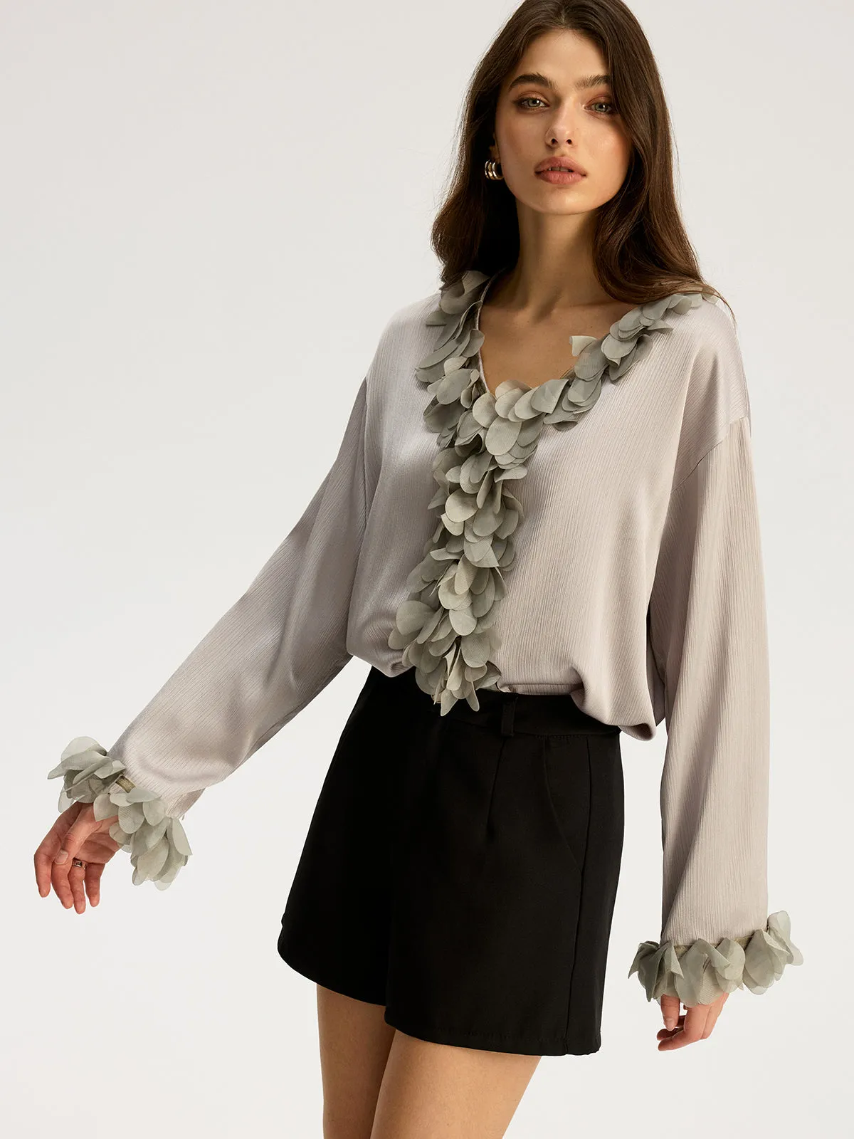 Floral Petal Trim V-Neck Shirt sold by COMMENSE product image thumbnail 4
