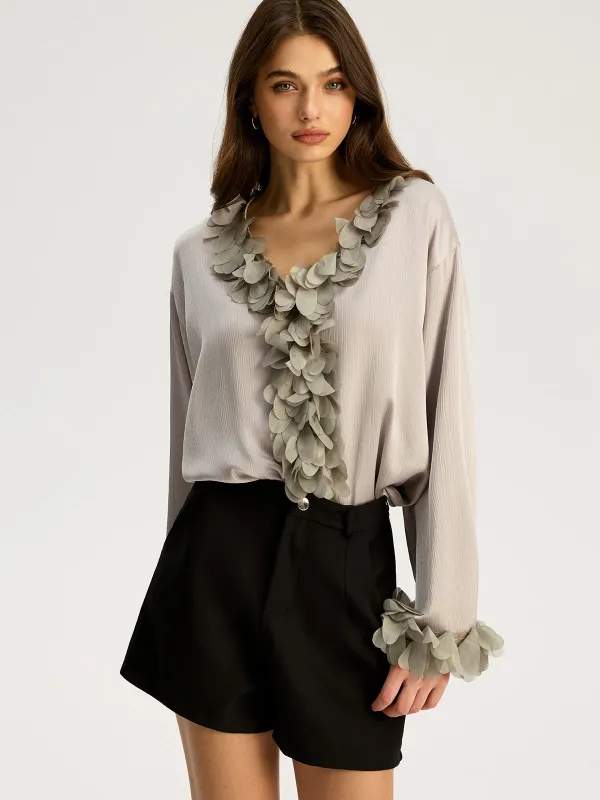 Floral Petal Trim V-Neck Shirt sold by COMMENSE
