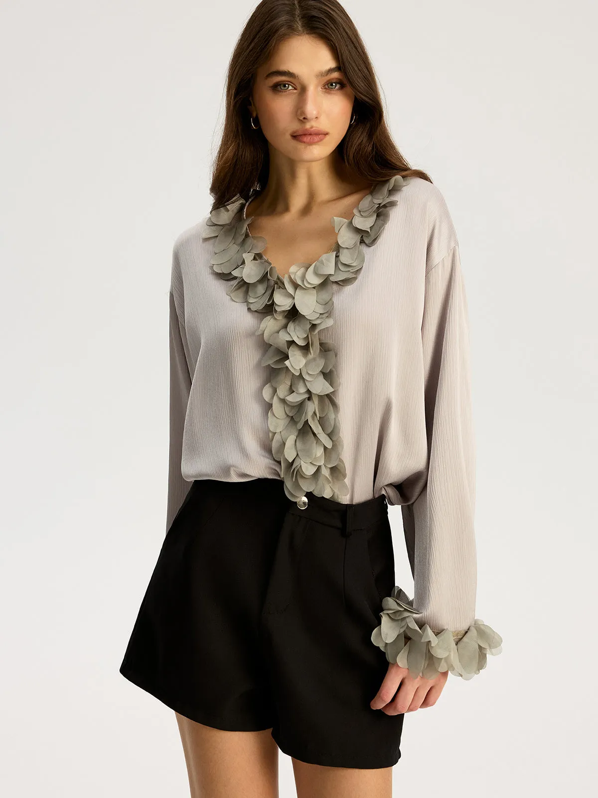 Floral Petal Trim V-Neck Shirt sold by COMMENSE