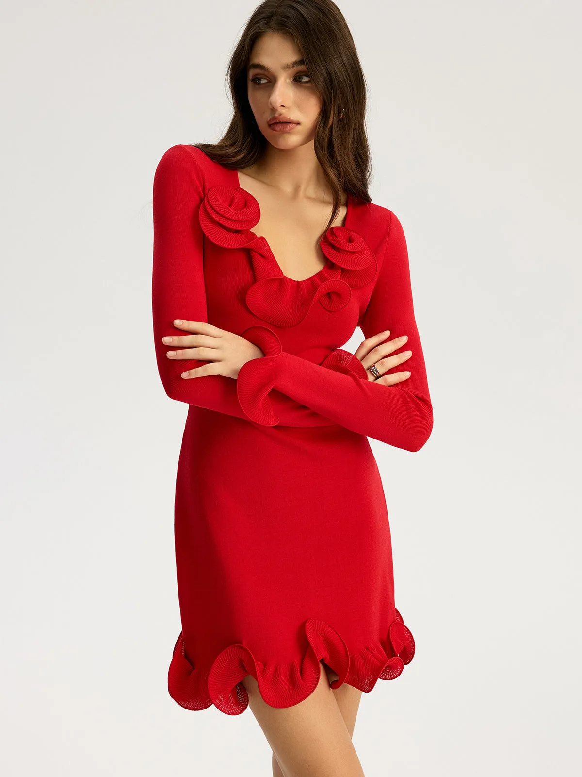 Ruffled Detail Long Sleeve Mini Dress sold by COMMENSE product image thumbnail 2