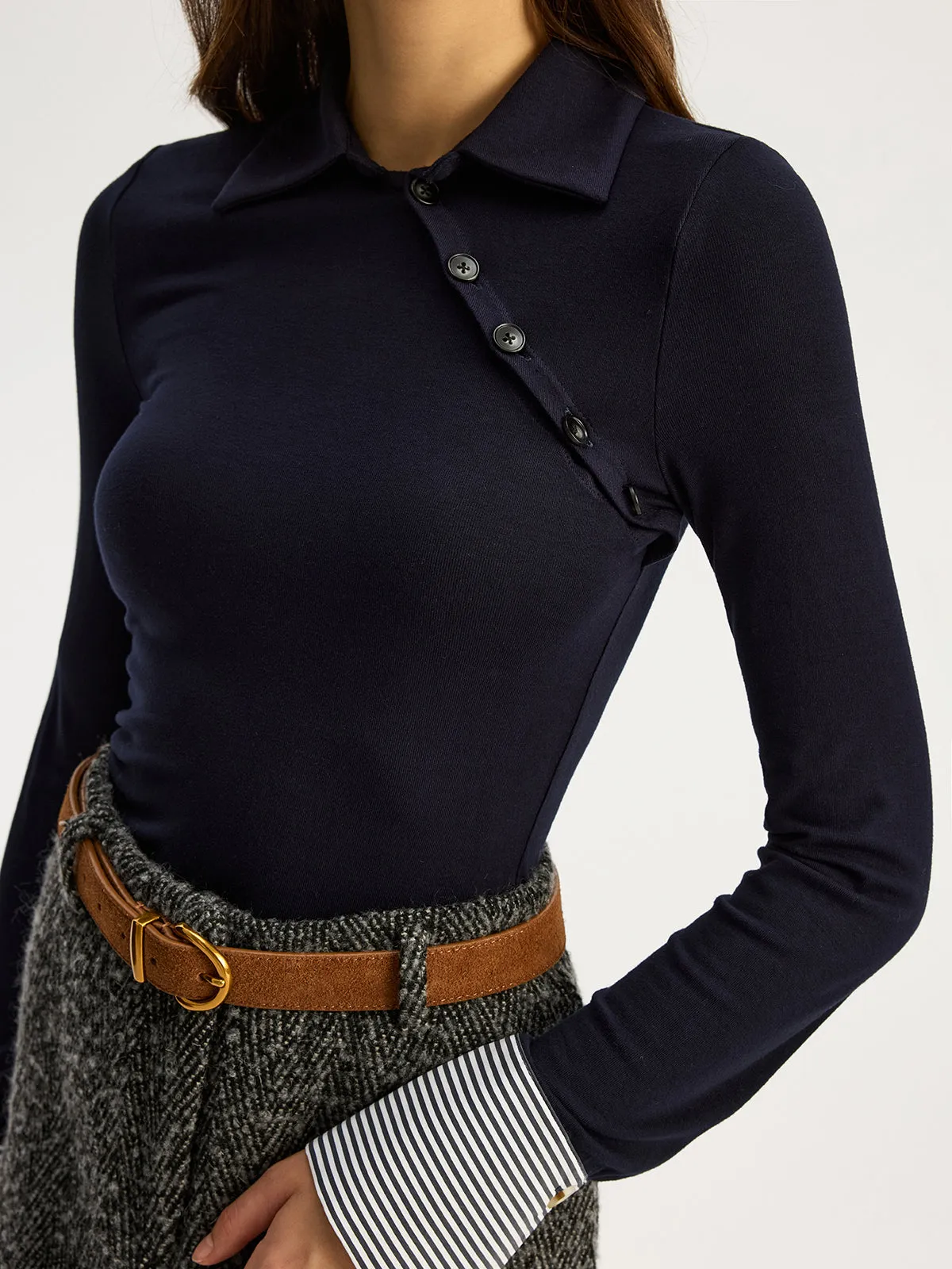 Asymmetric Button Striped Cuff Polo Top sold by COMMENSE product image thumbnail 3