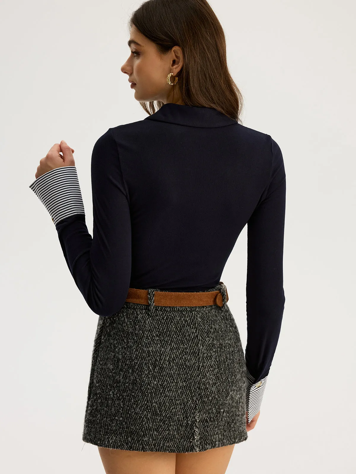Asymmetric Button Striped Cuff Polo Top sold by COMMENSE product image thumbnail 5