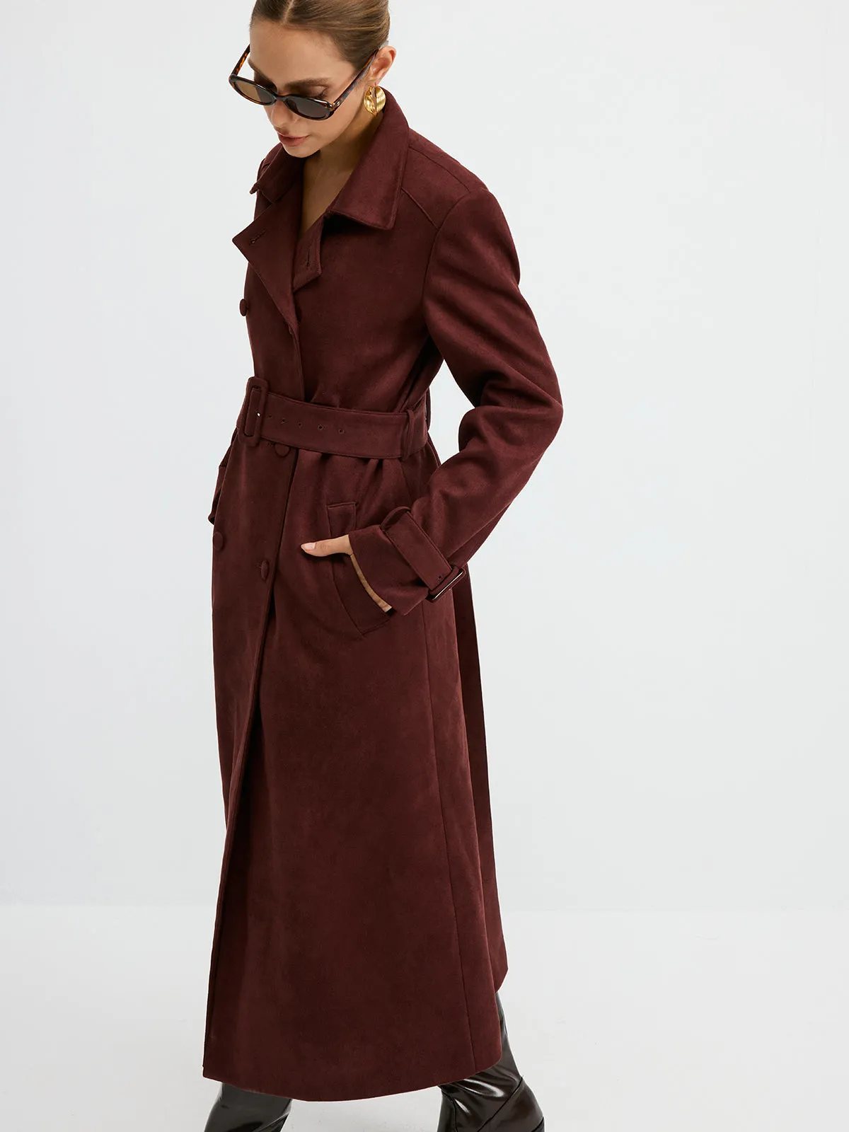 Suede Effect Double-Breasted Long Trench Coat sold by COMMENSE product image thumbnail 5
