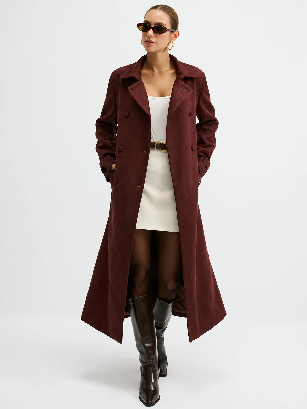 Suede Effect Double-Breasted Long Trench Coat sold by COMMENSE product image thumbnail 2