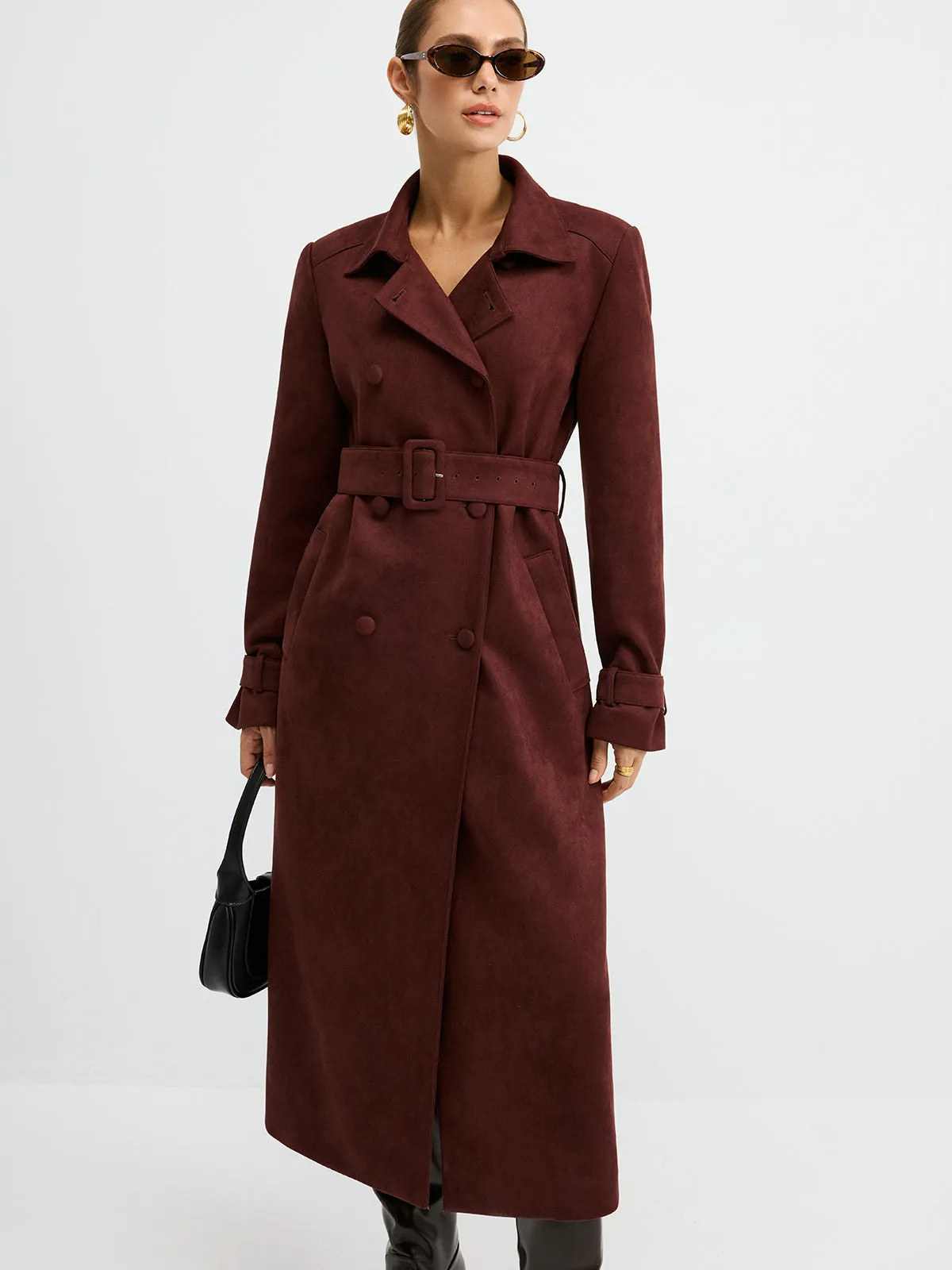 Suede Effect Double-Breasted Long Trench Coat sold by COMMENSE product image thumbnail 3