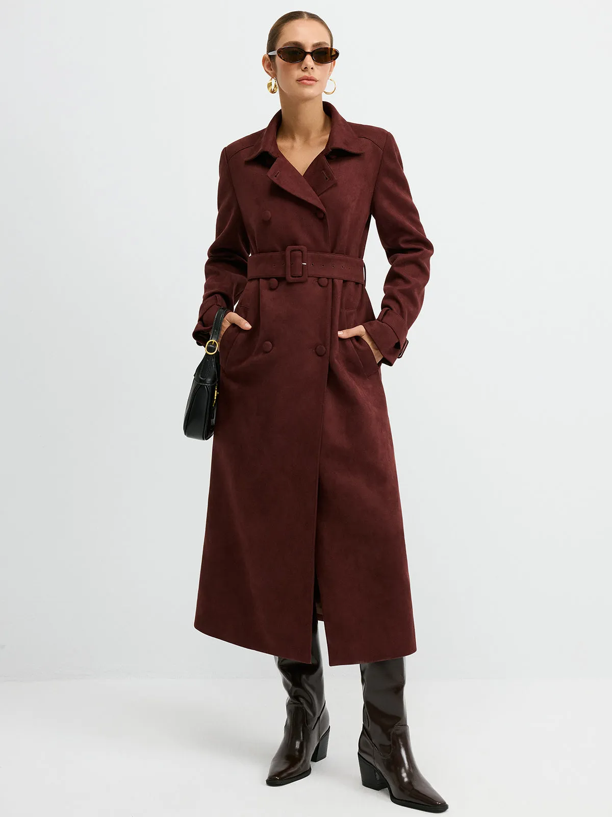 Suede Effect Double-Breasted Long Trench Coat sold by COMMENSE