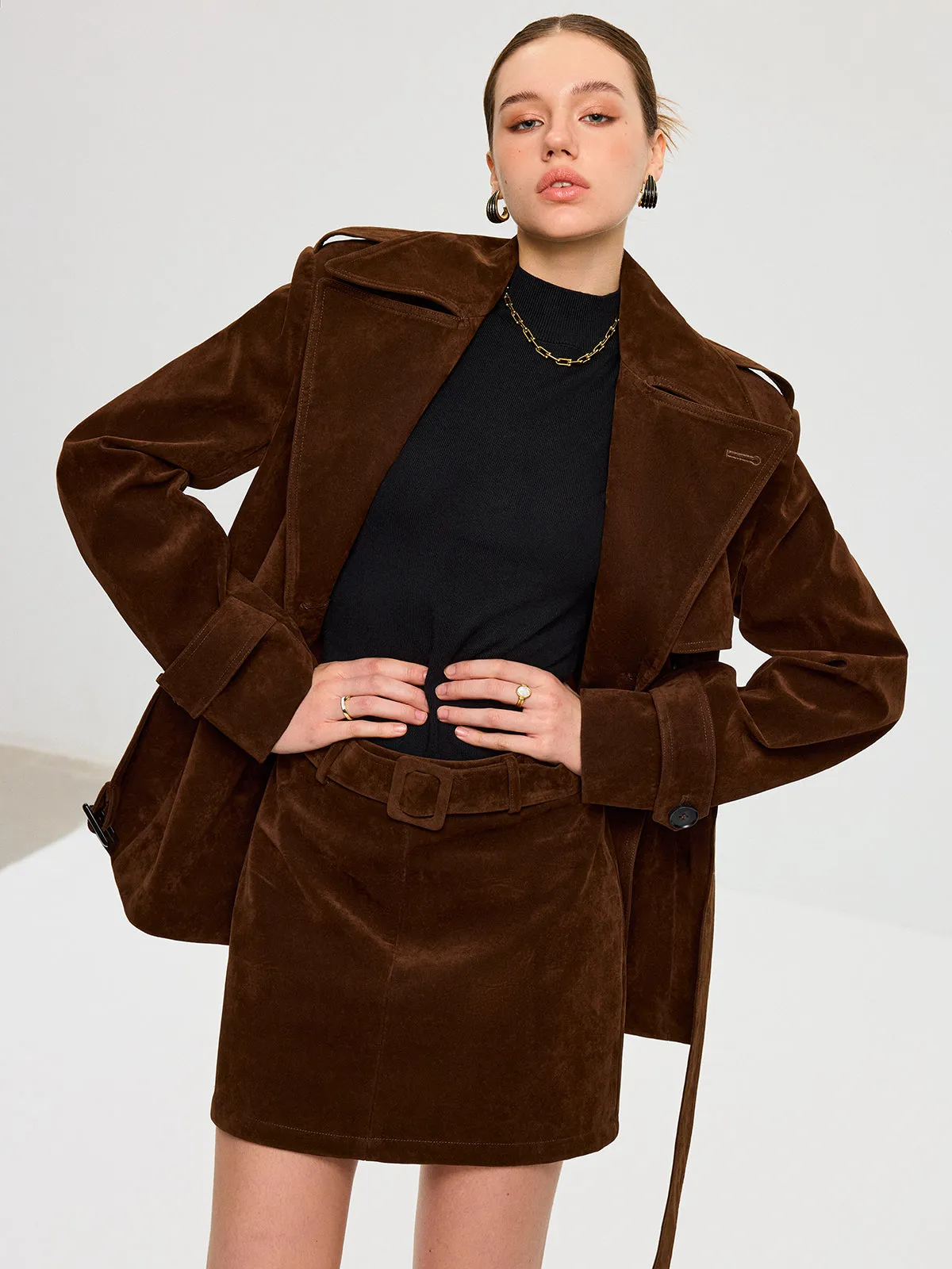Belted Suede Effect Trench Coat sold by COMMENSE