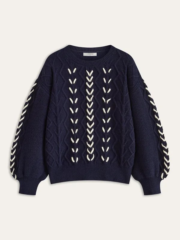 Contrast Stitched Cable Knit Top sold by COMMENSE