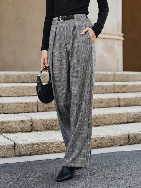 Pleated Plaid Belted Wide-Leg Pants sold by COMMENSE