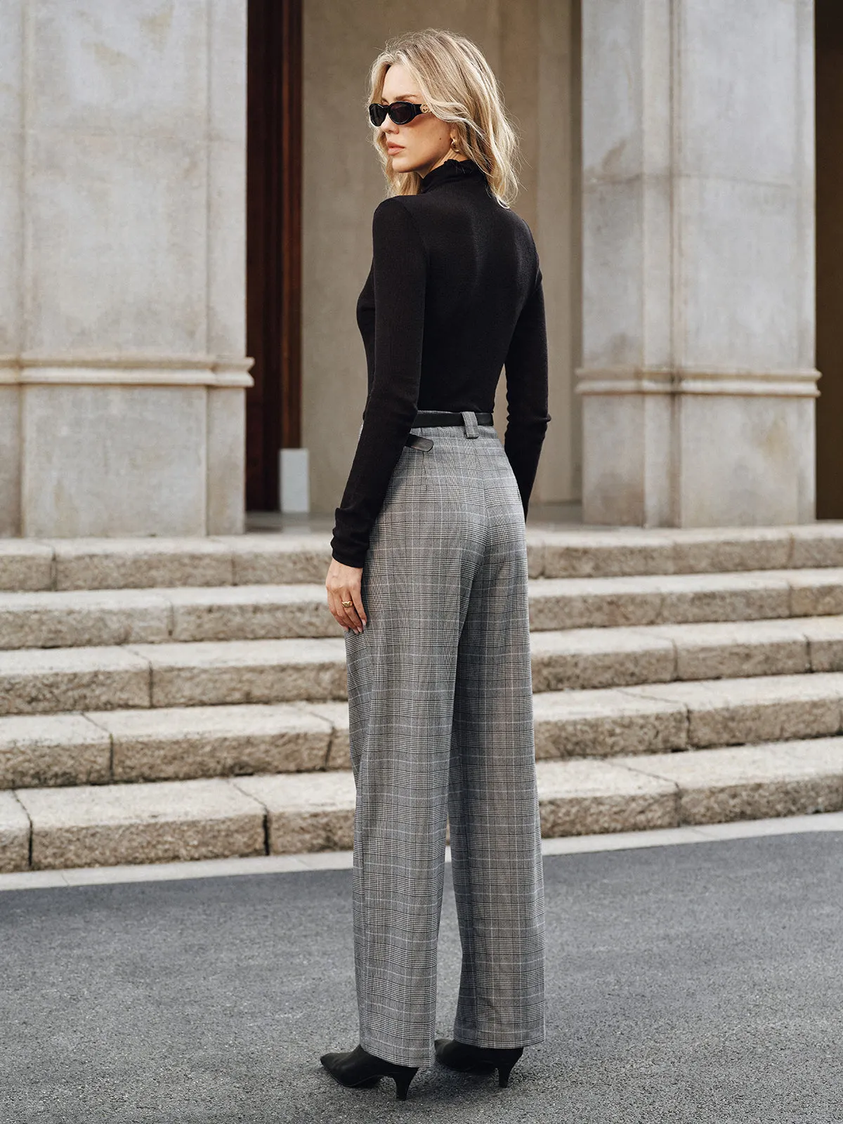 Pleated Plaid Belted Wide-Leg Pants sold by COMMENSE product image thumbnail 5