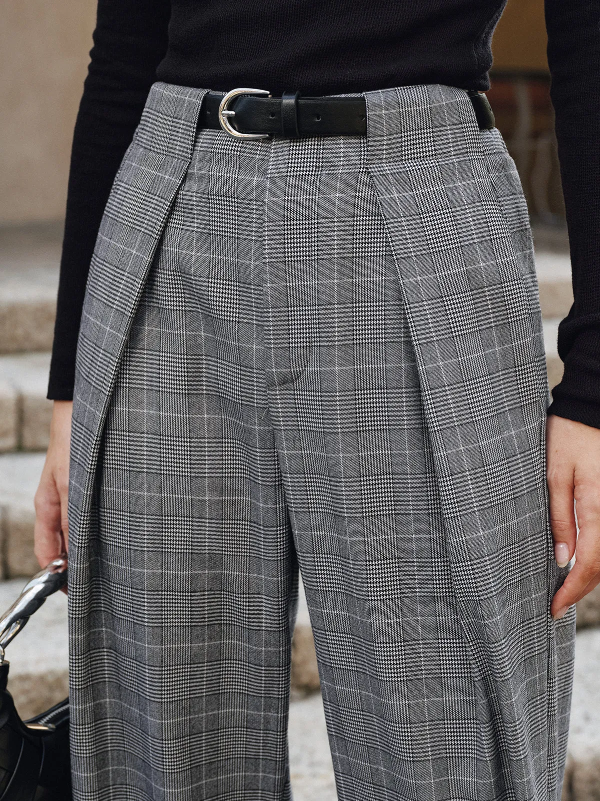 Pleated Plaid Belted Wide-Leg Pants sold by COMMENSE product image thumbnail 3