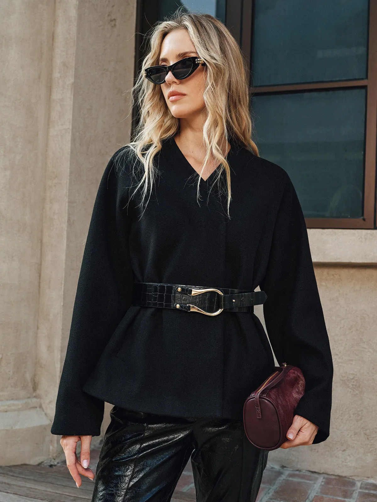 V-Neck Belted Cotton Blend Coat sold by COMMENSE product image thumbnail 3